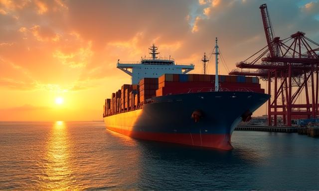 Cargo ship and global map illustration