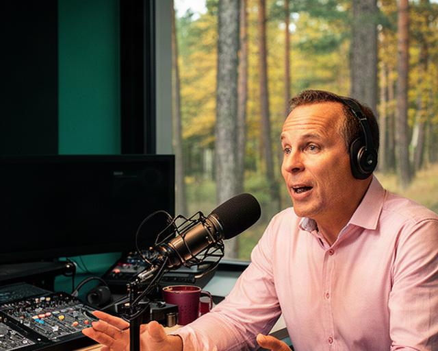Ondernemer spreekt in een podcaststudio met microfoon, apparatuur en herkenbare Veluwse bomen op de achtergrond