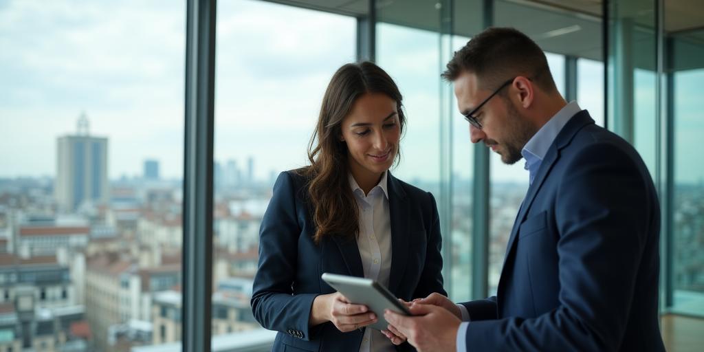 Professional team analyzing data trends in a corporate boardroom