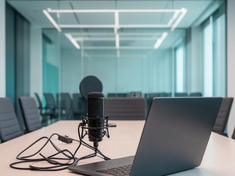Podcastcover van Werk aan Morgen met laptop en microfoon in een moderne vergaderruimte