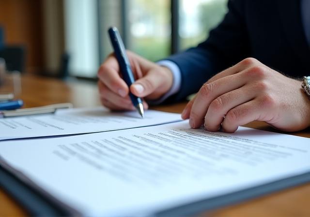 Close-up of a legal professional reviewing complex regulatory compliance documents in a modern London office