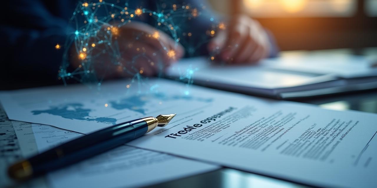 A focused legal professional reviewing global trade documents with a stylised map in the background