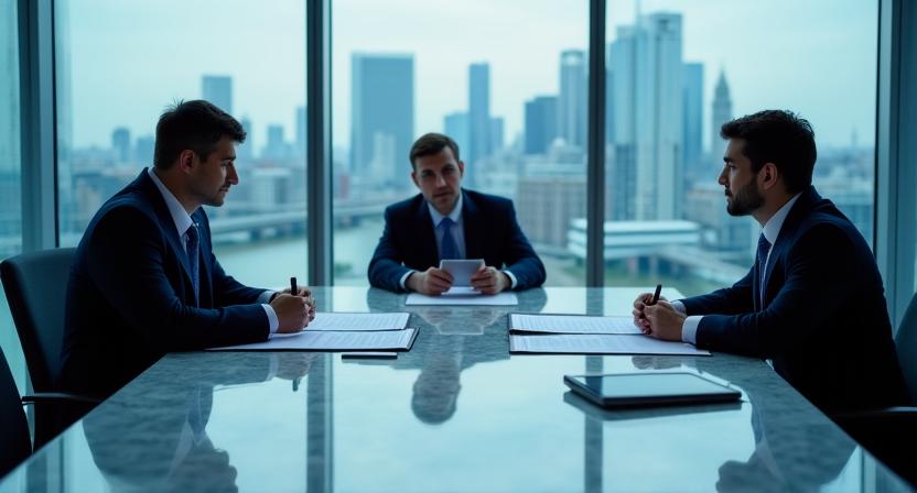 Professional legal mediation and arbitration setting in a modern glass-walled conference room in London